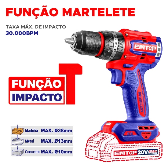 Furadeira Parafusadeira Emtop Brushless 20V vermelha e preta em destaque mostrando design ergon&ocirc;mico e mandril 13mm