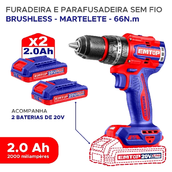 Detalhe do mandril 13mm e LED da Furadeira Parafusadeira Emtop Brushless mostrando trava do eixo e ilumina&ccedil;&atilde;o