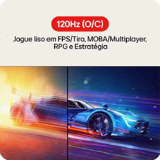 Monitor LG 22U403A-B mostrando 120Hz overclock com imagem de carro de corrida futurista destacando fluidez em FPS, MOBA, RPG e estrat&eacute;gia