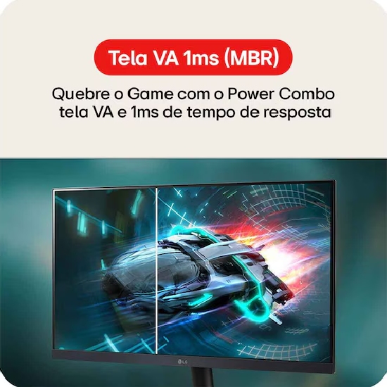 Monitor LG 22U403A-B com painel VA destacando 5ms MBR e slogan Quebre o Game com imagem de carro futurista