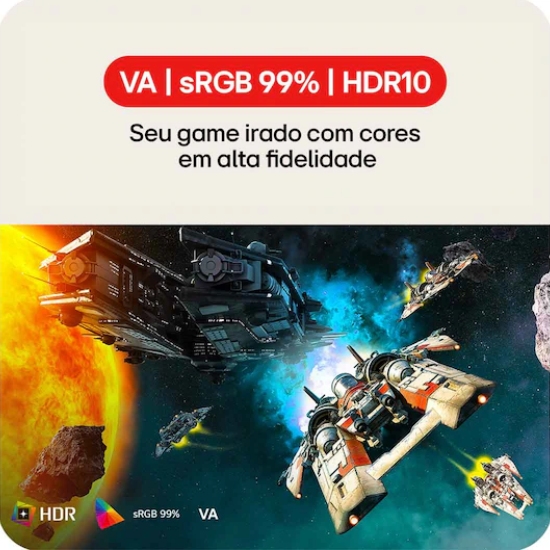 Monitor LG 22U403A-B destacando sRGB 99% e HDR10 com cena de naves espaciais mostrando cores vibrantes