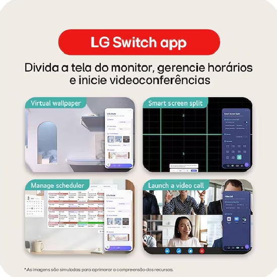 App LG Switch do monitor 22U403A-B mostrando recursos de divis&atilde;o de tela, agendamento e videochamadas