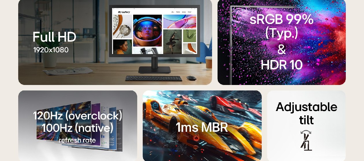 Monitor LG 22U403A-B Full HD 120Hz mostrando especifica&ccedil;&otilde;es de 1ms MBR, 120Hz OC, HDR10 e design sem bordas
