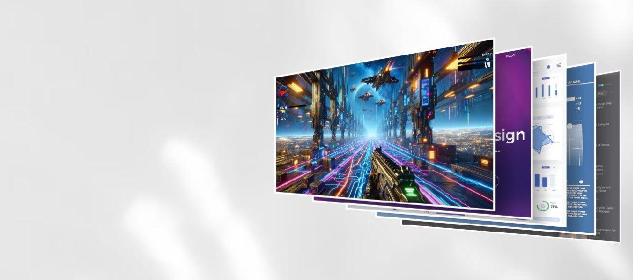 Monitor LG 22U403A-B mostrando m&uacute;ltiplas telas sobrepostas com jogos, design e gr&aacute;ficos destacando versatilidade para diferentes usos