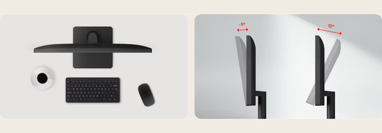 Monitor LG 22U403A-B mostrando inclina&ccedil;&atilde;o ajust&aacute;vel de -5 graus para baixo e 15 graus para cima em setup minimalista com teclado e caf&eacute;