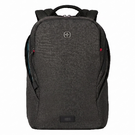 Mochila Wenger MX Light 611642 cinza melange em vista frontal exibindo compartimentos, logo Wenger em metal e detalhe 1893