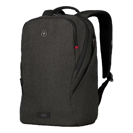 Mochila Wenger MX Light 611642 cinza mostrando compartimentos frontais, bolso lateral com ziper vermelho e fechos em metal