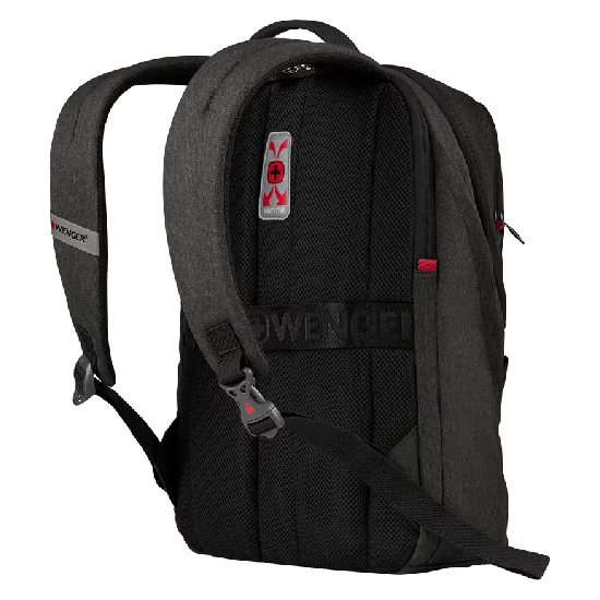 Mochila Wenger MX Light 611642 vista por tr&aacute;s mostrando al&ccedil;as acolchoadas, painel dorsal respir&aacute;vel em malha e logo Wenger