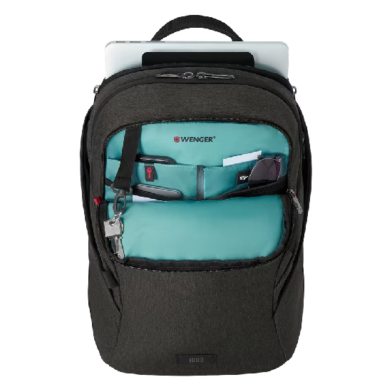 Mochila Wenger MX Light 611642 cinza com compartimento aberto exibindo notebook prateado no topo e organizador interno com forro turquesa