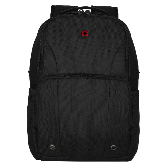 Mochila Wenger BC Mark 610185 preta em vista frontal exibindo compartimentos, bolsos laterais e logo Wenger em vermelho