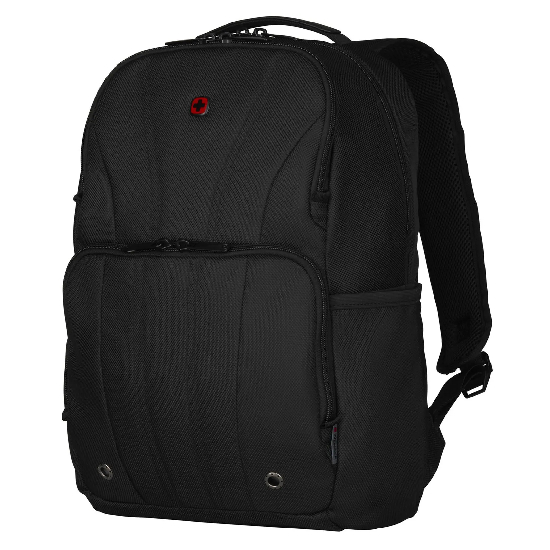 Mochila Wenger BC Mark 610185 preta mostrando compartimentos frontais e estrutura de bolso com fechos em metal