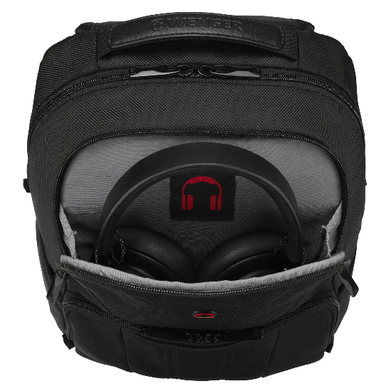 Mochila Wenger BC Mark 610185 com compartimento aberto exibindo bolso dedicado para fones de ouvido com &iacute;cone vermelho