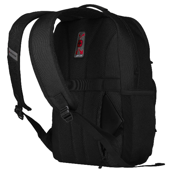 Mochila Wenger BC Mark 610185 vista por tr&aacute;s mostrando al&ccedil;as acolchoadas e etiqueta interna com logo Wenger vermelho