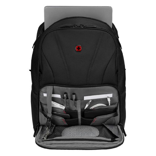 Mochila Wenger BC Mark 610185 com compartimento principal aberto exibindo notebook cinza no topo e divis&oacute;rias internas