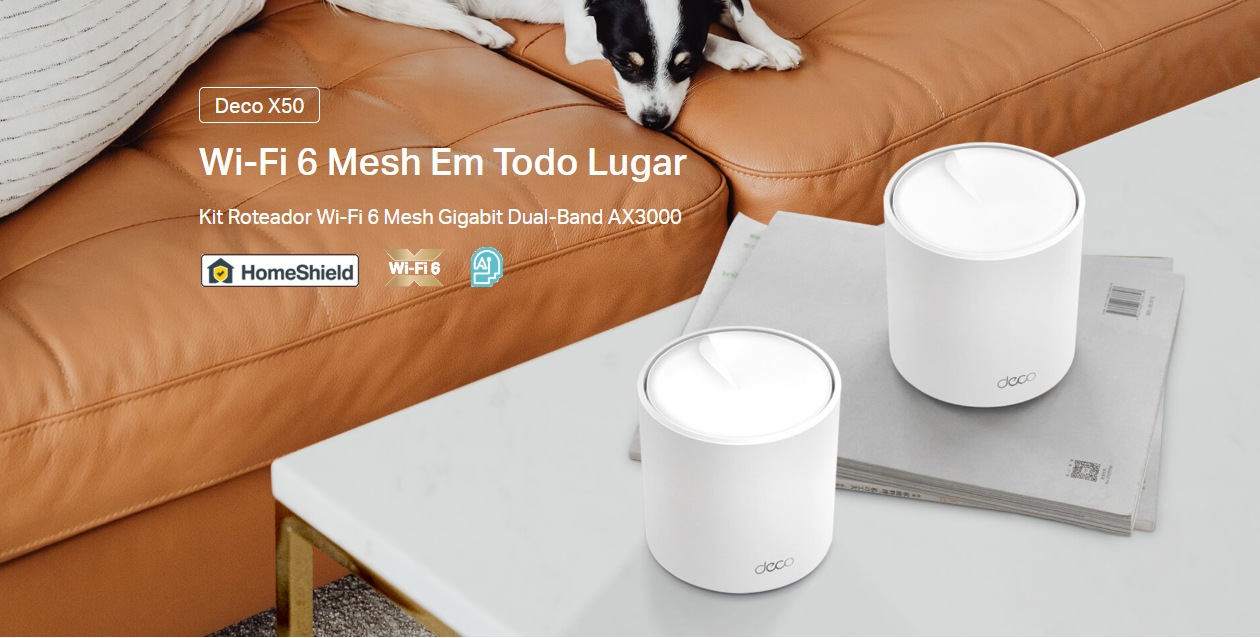 Kit 3 unidades TP-Link Deco X50 AX3000 Wi-Fi 6 Mesh posicionado em sala de estar mostrando cobertura em toda a casa