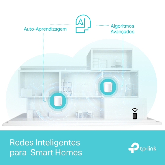 Ilustra&ccedil;&atilde;o isom&eacute;trica de casa inteligente com roteadores TP-Link Deco X50 distribu&iacute;dos mostrando rede Mesh gerenciada por IA