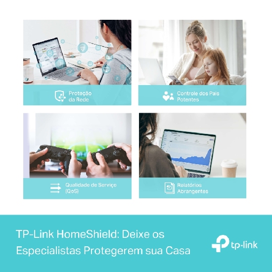 TP-Link HomeShield do Deco X50 mostrando prote&ccedil;&atilde;o de rede, controle dos pais, QoS e relat&oacute;rios abrangentes