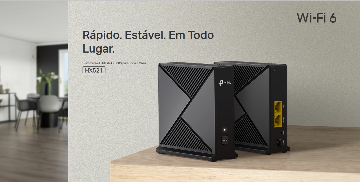 TP-Link HX521 AX3000 Wi-Fi 6 em ambiente residencial com 2 unidades posicionadas em mesa de madeira mostrando cobertura em toda a casa