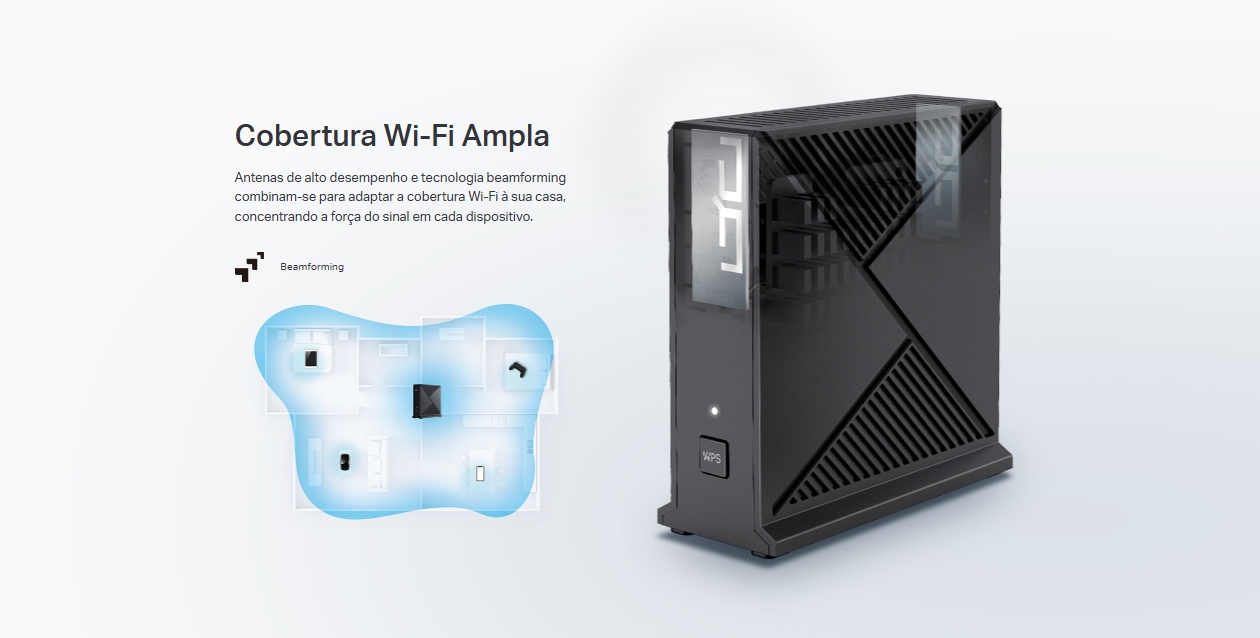 TP-Link HX521 AX3000 mostrando mapa de cobertura Wi-Fi em c&ocirc;modos da casa com beamforming e antenas de alto desempenho