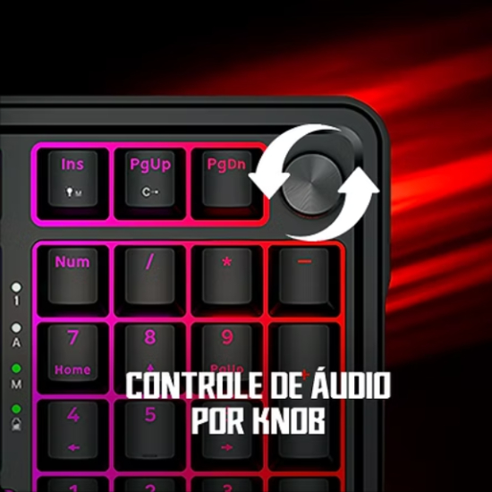 Close-up da roda de volume met&aacute;lica do teclado Redragon Eisa Pro destacando acabamento e &aacute;rea num&eacute;rica com ilumina&ccedil;&atilde;o RGB rosa e vermelho