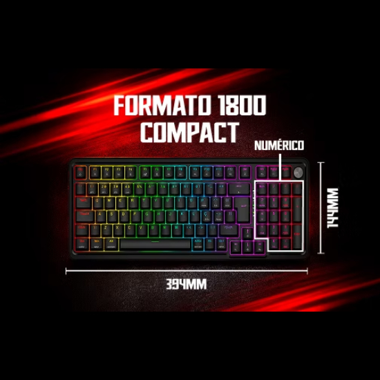 Teclado Redragon Eisa Pro em vista frontal mostrando formato 1800 Compact com 394mm de largura incluindo teclado num&eacute;rico e ilumina&ccedil;&atilde;o RGB arco-&iacute;ris