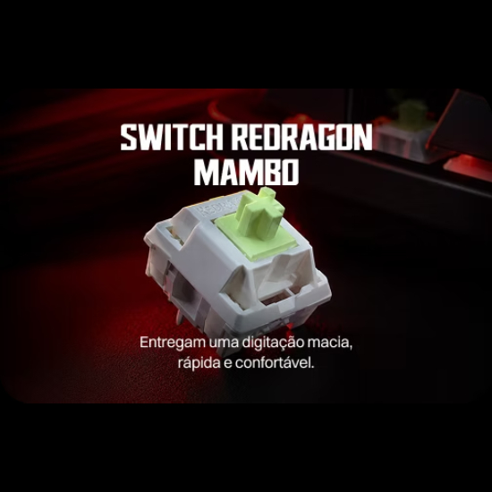Switch Redragon Mambo em destaque com fundo vermelho mostrando mecanismo interno verde e texto entregam uma digita&ccedil;&atilde;o macia r&aacute;pida e confort&aacute;vel