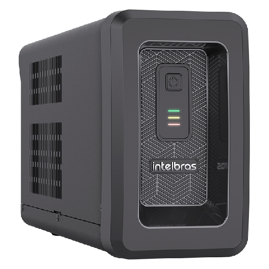 Nobreak Intelbras ATTIV SENO 1800VA em &acirc;ngulo de tr&ecirc;s quartos mostrando gabinete met&aacute;lico, grades laterais de ventila&ccedil;&atilde;o e painel frontal