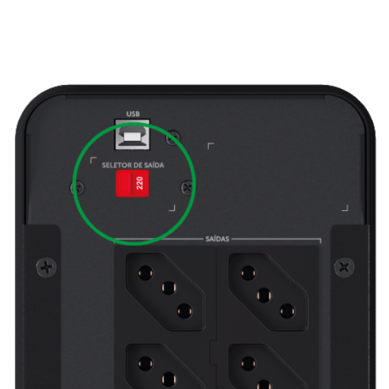 Close-up do painel traseiro do Nobreak Intelbras ATTIV SENO 1800VA mostrando 8 tomadas NBR 14136, porta USB e chave seletora de sa&iacute;da 120V/220V