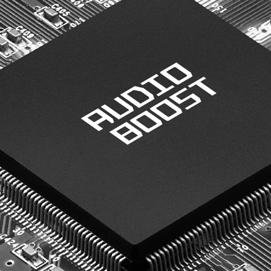 Close-up do chip Audio Boost na placa-m&atilde;e MSI PRO B760M-A WIFI mostrando circuito integrado com texto AUDIO BOOST em branco