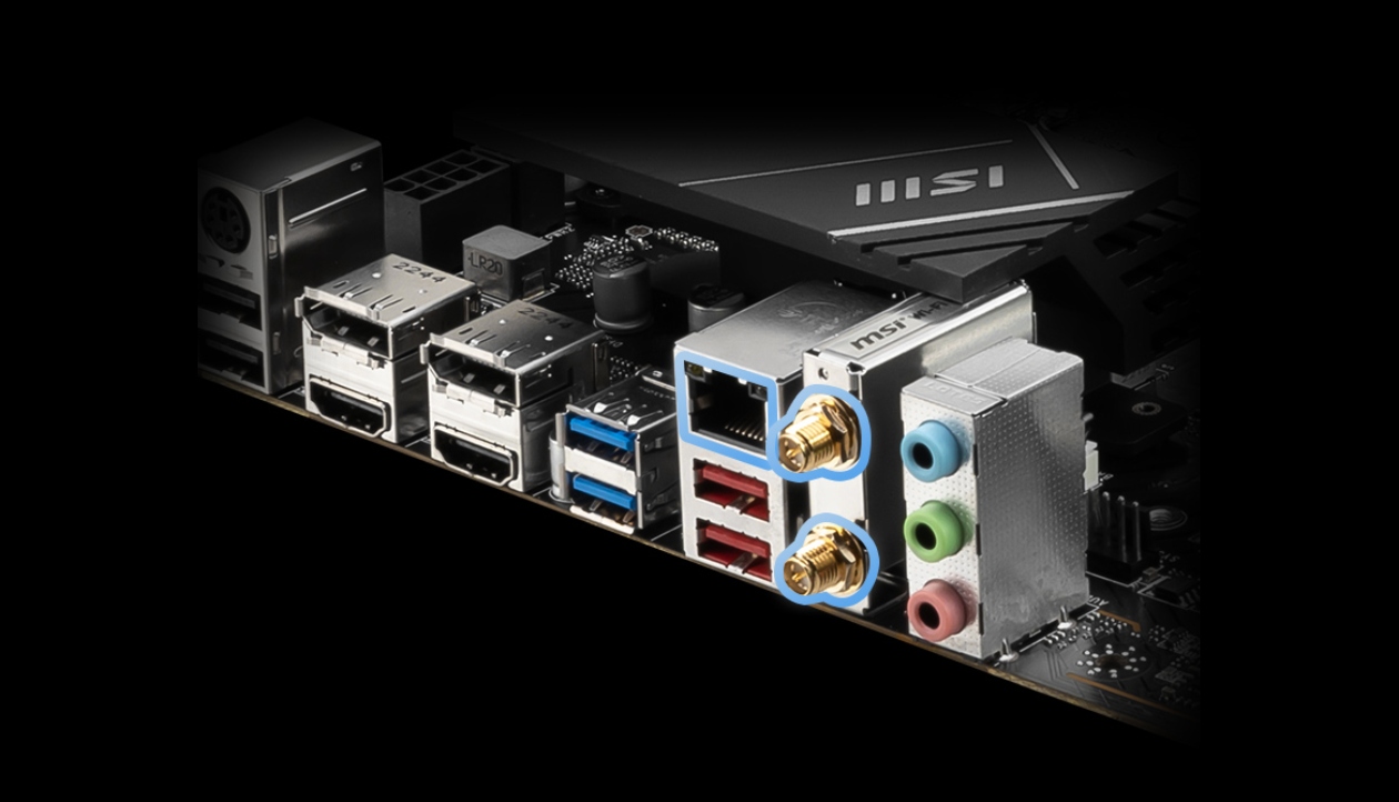 Painel I/O traseiro da placa-m&atilde;e MSI PRO B760M-A WIFI em &acirc;ngulo diagonal mostrando portas HDMI, DisplayPort, USB 3.2, USB 2.0, LAN 2.5G, Wi-Fi e &aacute;udio
