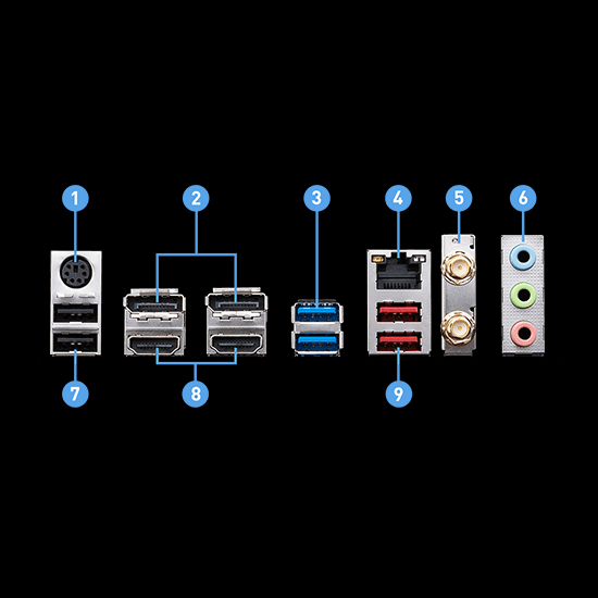 Painel I/O traseiro frontal da placa-m&atilde;e MSI PRO B760M-A WIFI com conectores numerados de 1 a 9 mostrando PS/2, HDMI, USB, LAN, &aacute;udio e Wi-Fi