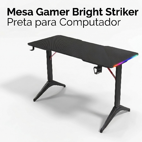Mesa Gamer Bright Striker MG003 preta em vista frontal com ilumina&ccedil;&atilde;o RGB nas laterais, gancho para headset e detalhes vermelhos