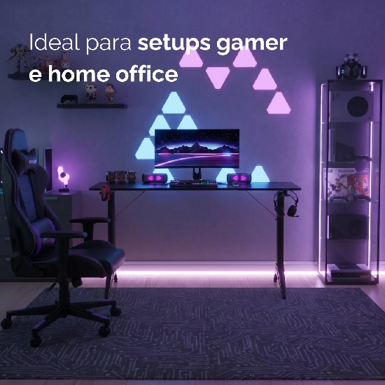 Mesa Gamer Bright Striker em ambiente gamer completo com monitor, perif&eacute;ricos, cadeira gamer e ilumina&ccedil;&atilde;o LED ambiente