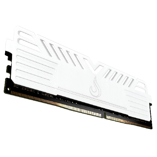 Vista em ângulo da memória Rise Mode Viper White com dissipador branco e detalhes do logo