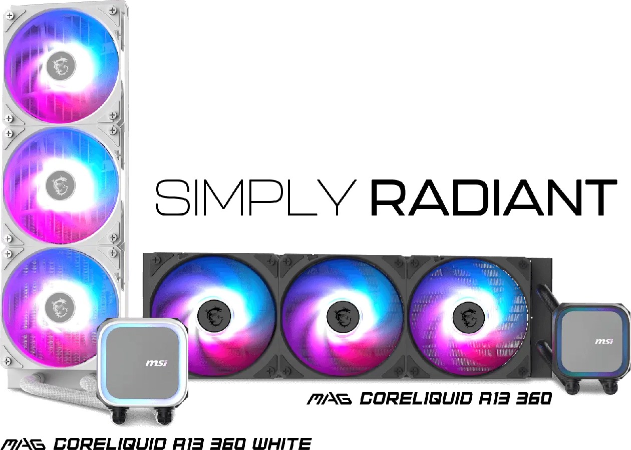Water Cooler MSI MAG Coreliquid A13 ARGB 360mm branco completo com radiador 360mm, 3 ventoinhas ARGB com ilumina&ccedil;&atilde;o pink e azul, bloco de &aacute;gua branco com logo MSI