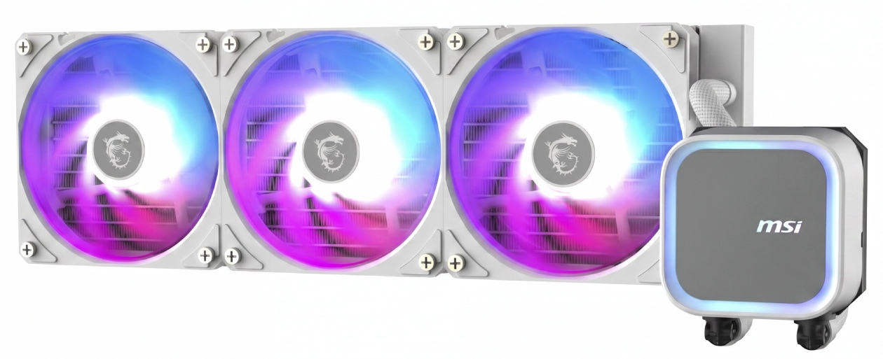 Water Cooler MSI MAG Coreliquid A13 ARGB 360mm branco com radiador 360mm mostrando 3 ventoinhas ARGB com gradientes purple blue pink e bloco com logo Dragon MSI