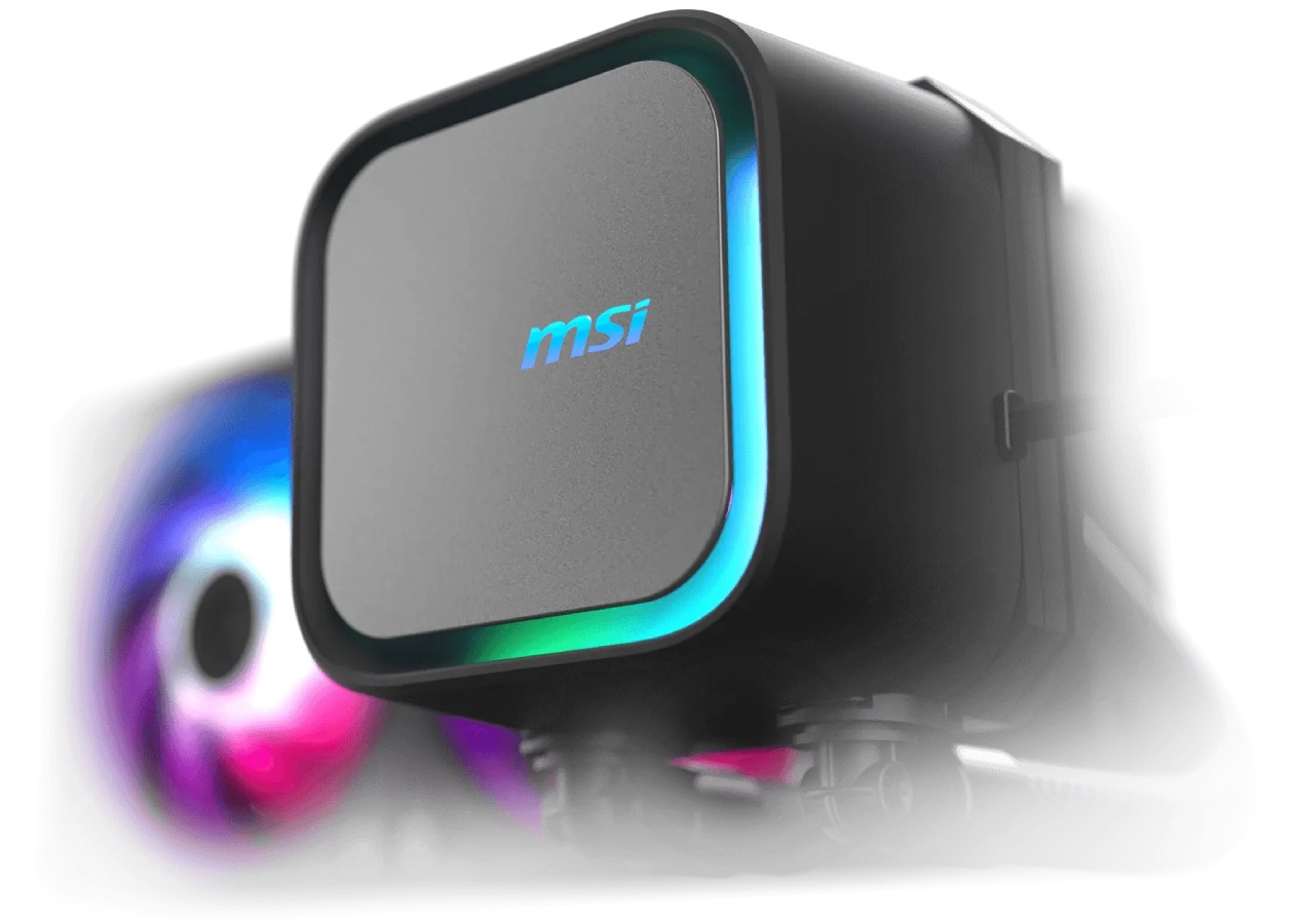 Bloco de &aacute;gua preto MSI MAG Coreliquid A13 com painel grafite, logo msi centralizada e anel ARGB Gen2 iluminado em volta, fan ARGB desfocada ao fundo