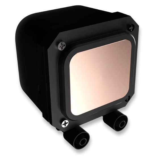 Bloco de &aacute;gua preto compacto MSI MAG Coreliquid A13 com painel central em cobre, duas portas de tubo EPDM pretas e parafusos vis&iacute;veis