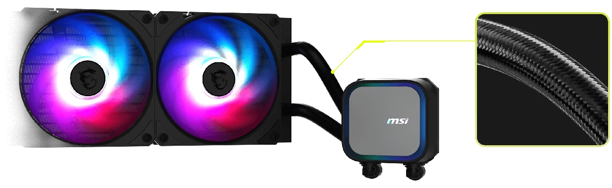 Water Cooler MSI MAG Coreliquid A13 preto com 2 ventoinhas ARGB swirl pink purple blue, pump msi central e tubos trançados pretos com insert em destaque