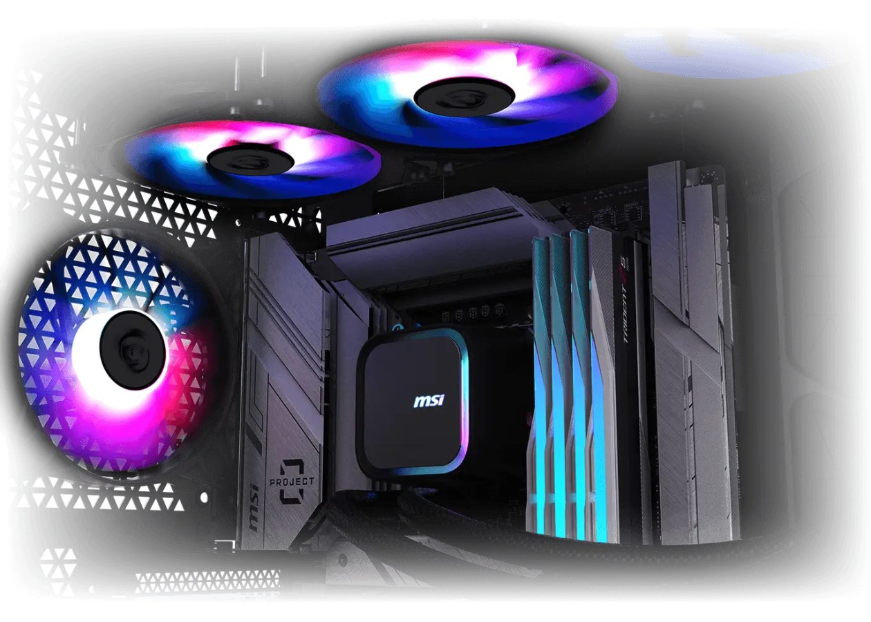 Water Cooler MSI MAG Coreliquid A13 preto instalado em placa MSI com 2 fans ARGB no topo e 1 frontal exibindo gradientes pink purple blue em build gamer completa