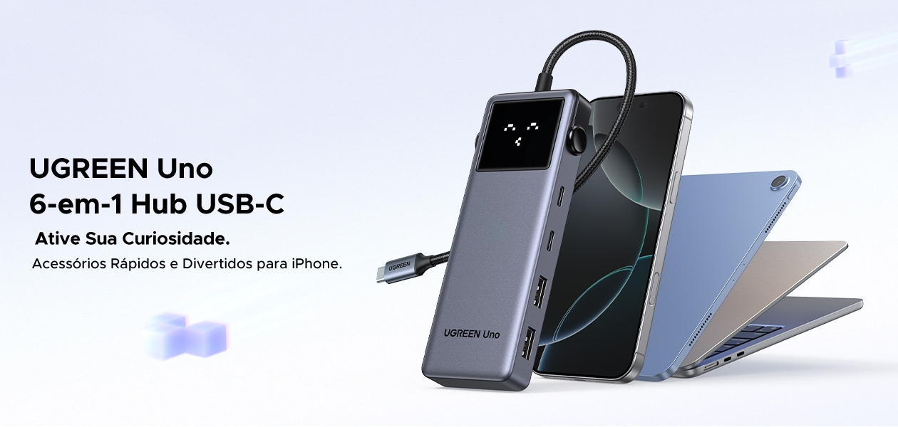 HUB USB-C Ugreen Uno CM888 6 em 1 prata conectado simultaneamente a iPhone, tablet e laptop mostrando funcionalidade 6 em 1
