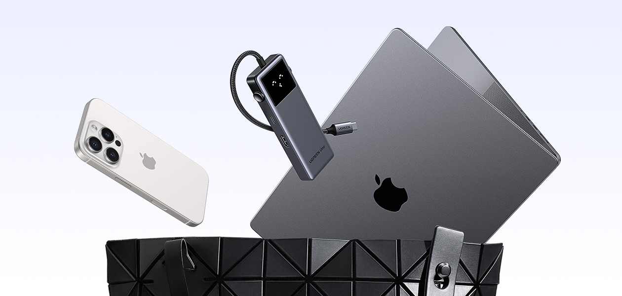 HUB USB-C Ugreen Uno CM888 cinza escuro conectado a MacBook Space Gray via cabo USB-C com iPhone branco ao lado mostrando compatibilidade Apple