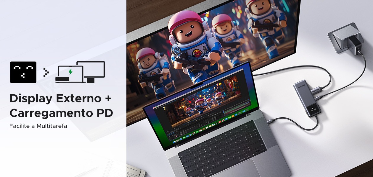 HUB USB-C Ugreen Uno CM888 prata com portas vis&iacute;veis USB-A e USB-C conectado a laptop e monitor externo com emojis de status lightning e monitor