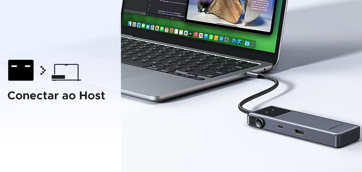 HUB USB-C Ugreen Uno CM888 cinza escuro com USB-C input HDMI e USB-A portas mostrando Conectar ao Host com diagrama de liga&ccedil;&atilde;o