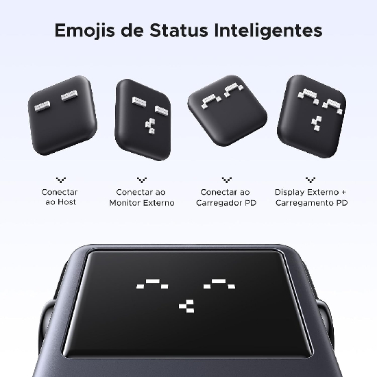 HUB USB-C Ugreen Uno CM888 cinza com painel superior preto mostrando emojis pixelados de status inteligentes indicando funcionamento das portas host monitor PD charger