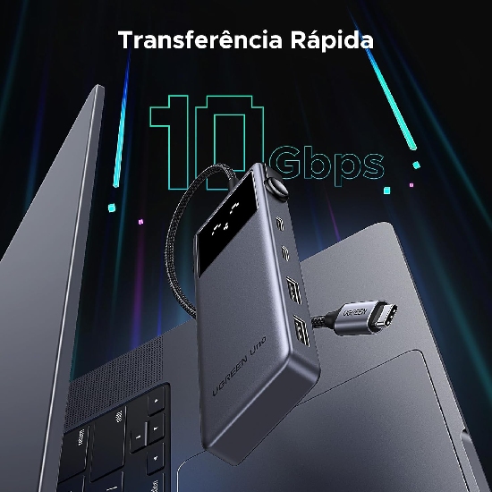 HUB USB-C Ugreen Uno CM888 cinza com USB-C e duas portas USB-A mostrando texto 10 Gbps Transfer&ecirc;ncia R&aacute;pida com raios de luz coloridos ao fundo