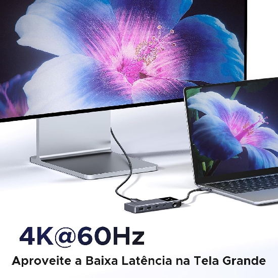 HUB USB-C Ugreen Uno CM888 cinza com portas USB-A e HDMI conectado a laptop e monitor externo 4K exibindo flor colorida com texto 4K 60Hz