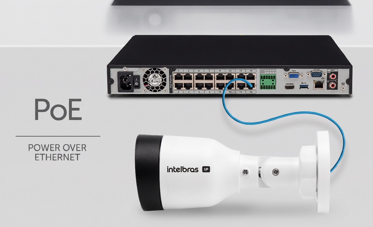 Tecnologia PoE Power over Ethernet da câmera Intelbras VIP 1220 B transmitindo energia e vídeo pelo mesmo cabo de rede