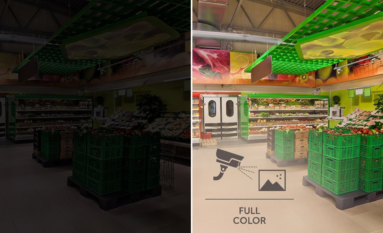 Comparativo de visão noturna: câmera comum em preto e branco versus imagem colorida e nítida da Intelbras VIP 1220 B Full Color