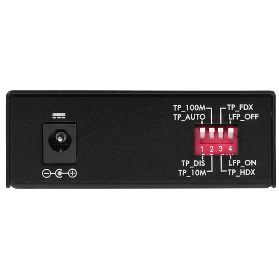 Conectores SC UPC e RJ45, DIP switch e LEDs indicadores do conversor de mídia Intelbras KFSD 1120 A